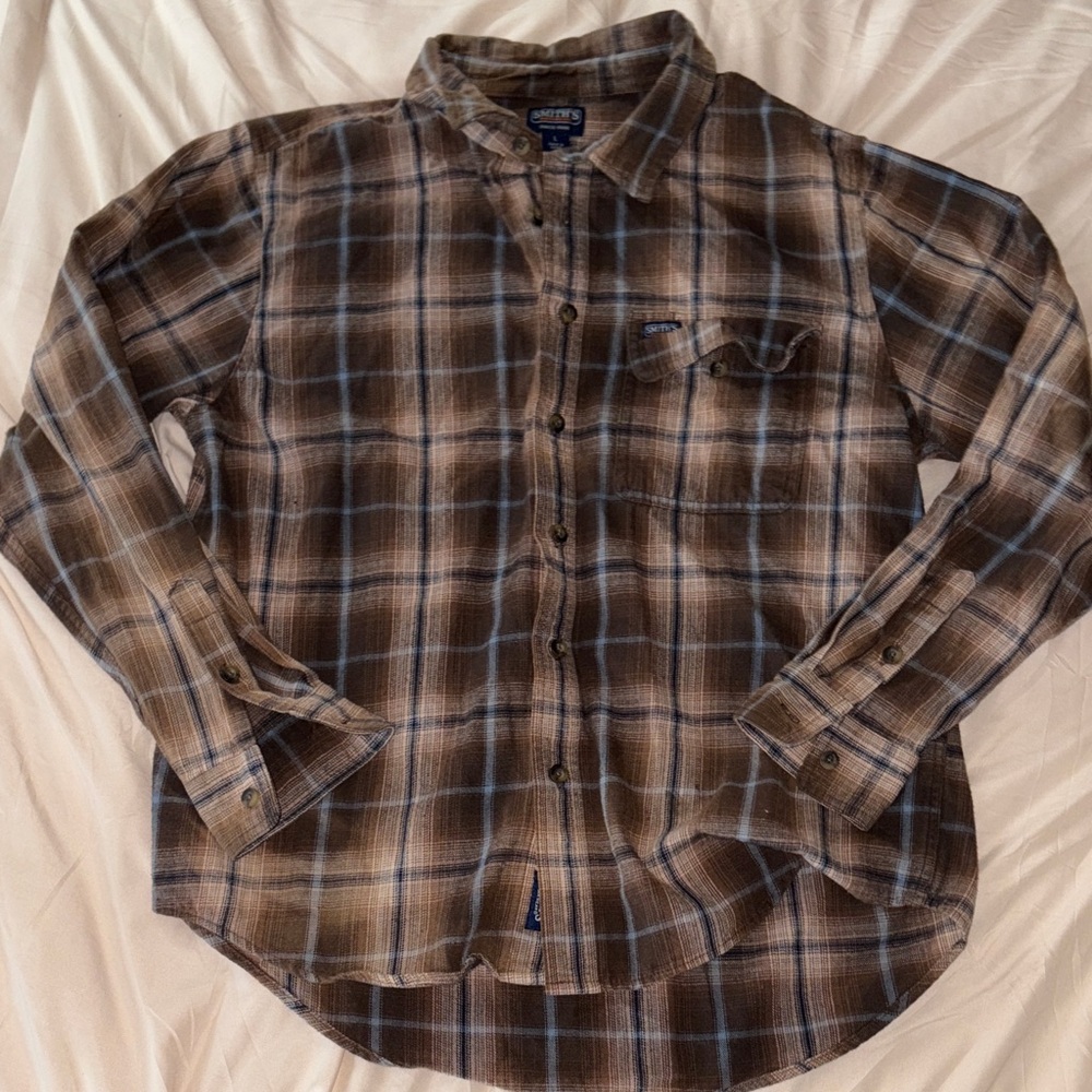 Smith’s work wear Men's Casual Brown and Blue Plaid Shirt
